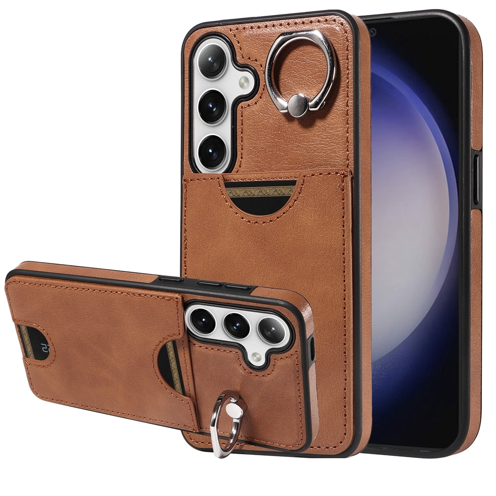 Samsung Galaxy S24 5G Calf Texture Phone Case with Card Slot & Ring Holder - Durable & Stylish Protection