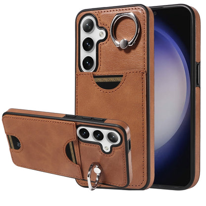 Samsung Galaxy S24 5G Calf Texture Phone Case with Card Slot & Ring Holder - Durable & Stylish Protection