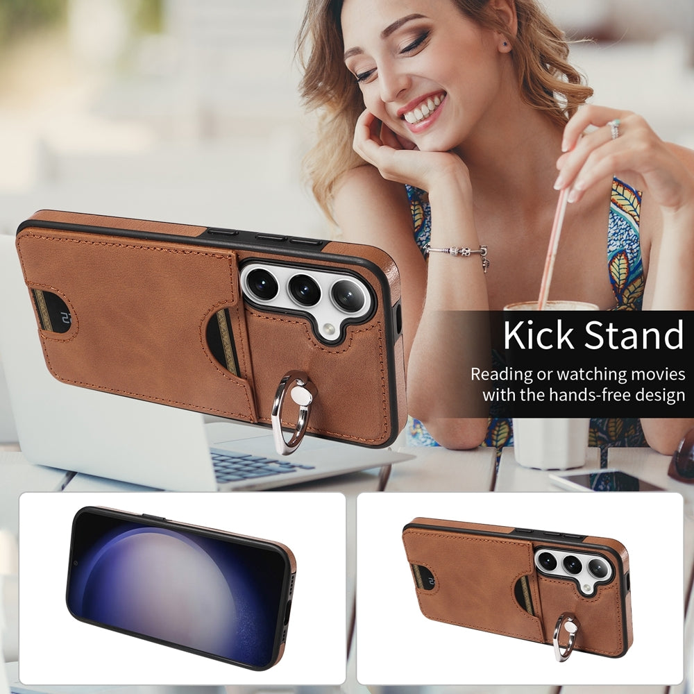 Samsung Galaxy S24 5G Calf Texture Phone Case with Card Slot & Ring Holder - Durable & Stylish Protection