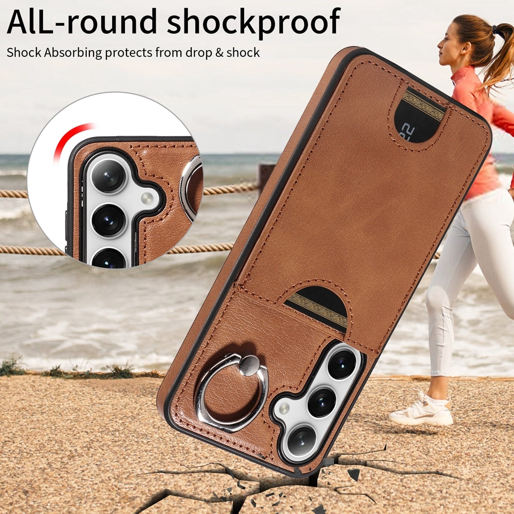 Samsung Galaxy S24 5G Calf Texture Phone Case with Card Slot & Ring Holder - Durable & Stylish Protection