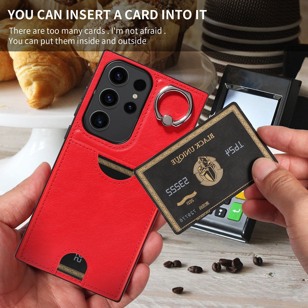 Samsung Galaxy S23 Ultra 5G Calf Texture Phone Case with Card Slot & Ring Holder - Durable & Stylish Protection