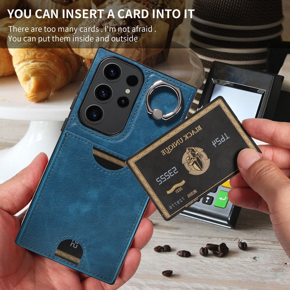 Samsung Galaxy S23 Ultra 5G Calf Texture Phone Case with Card Slot & Ring Holder - Durable & Stylish Protection