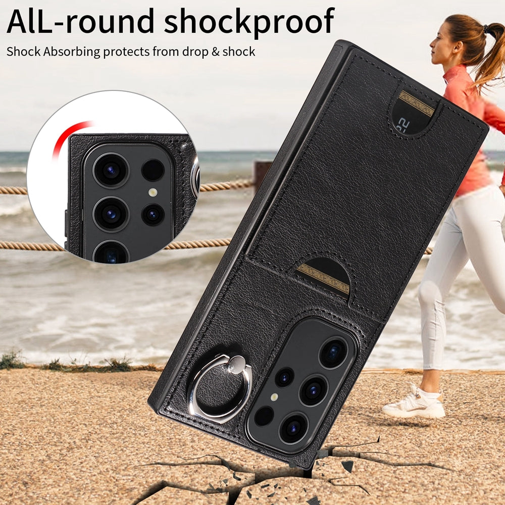 Samsung Galaxy S23 Ultra 5G Calf Texture Phone Case with Card Slot & Ring Holder - Durable & Stylish Protection