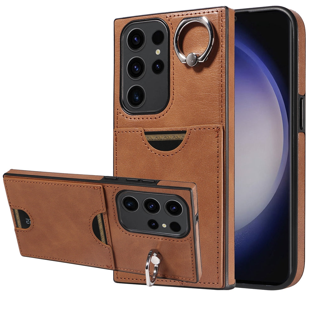 Samsung Galaxy S23 Ultra 5G Calf Texture Phone Case with Card Slot & Ring Holder - Durable & Stylish Protection