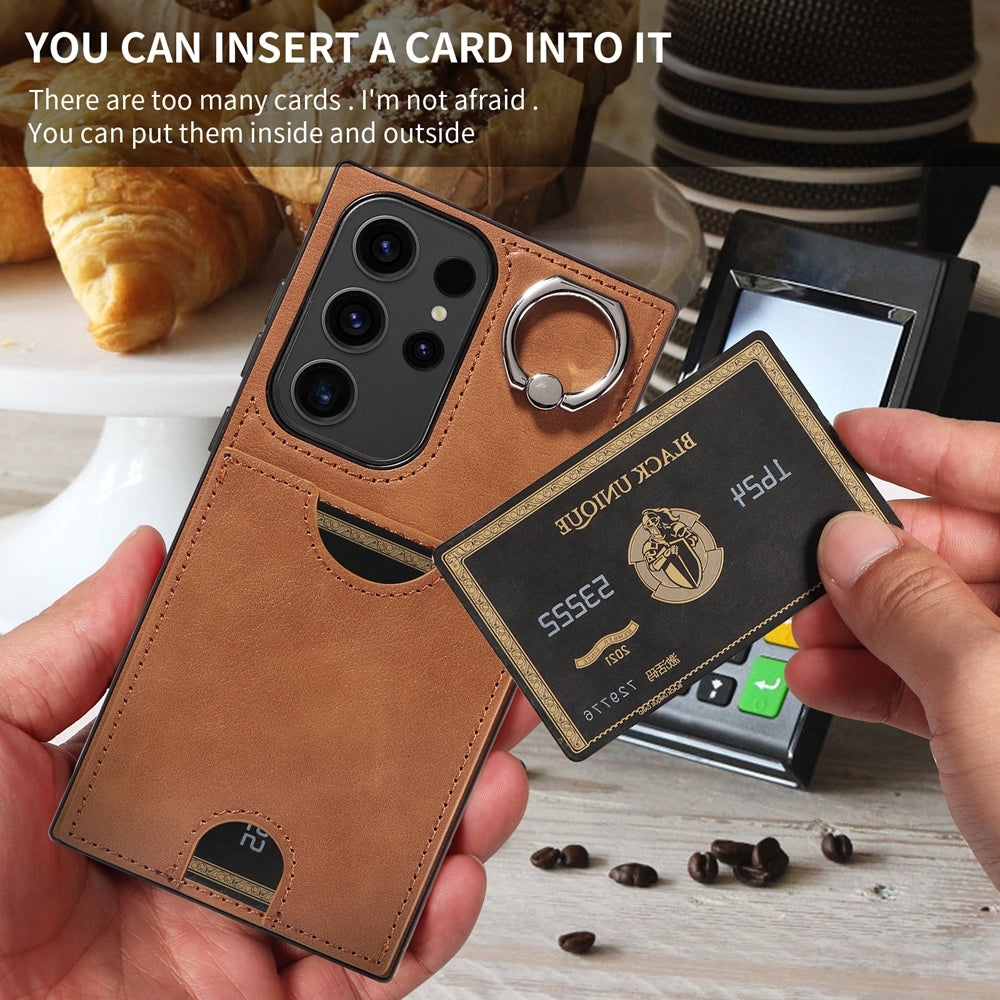 Samsung Galaxy S23 Ultra 5G Calf Texture Phone Case with Card Slot & Ring Holder - Durable & Stylish Protection
