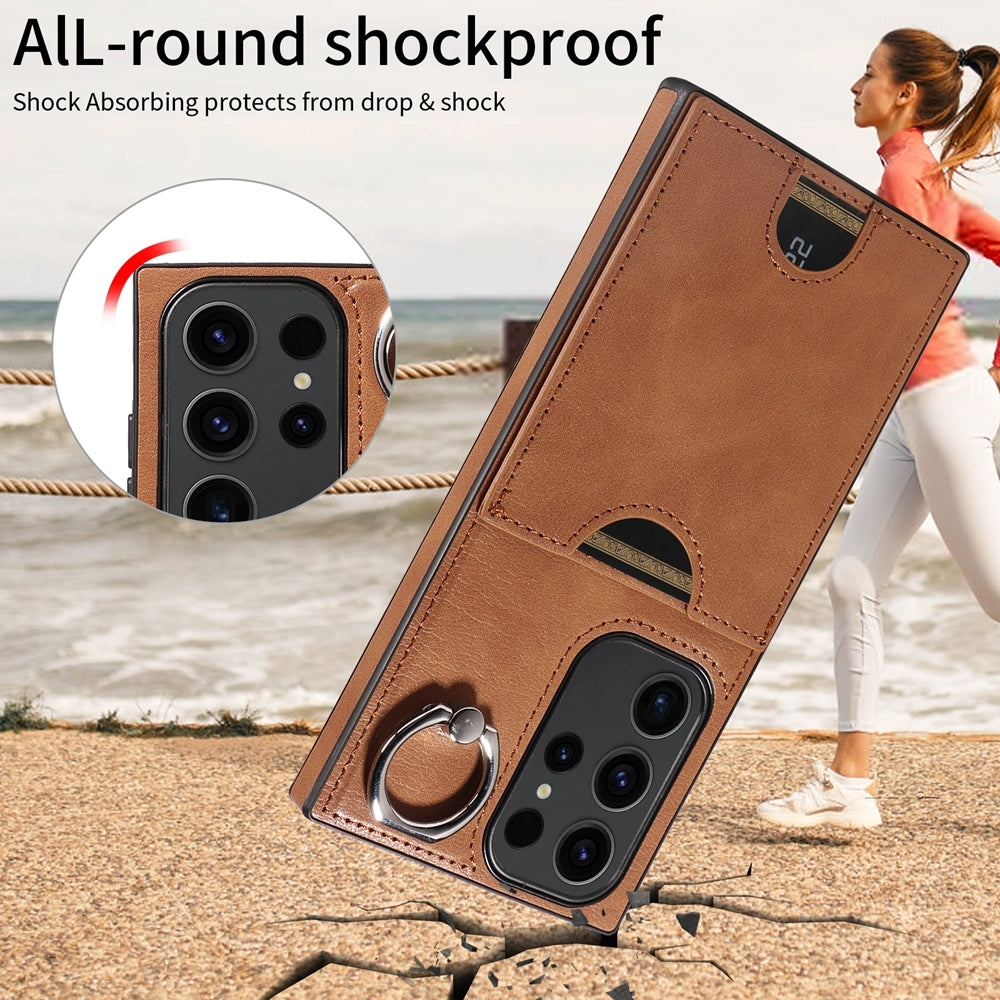 Samsung Galaxy S23 Ultra 5G Calf Texture Phone Case with Card Slot & Ring Holder - Durable & Stylish Protection