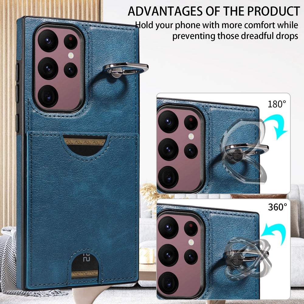 Samsung Galaxy S22 Ultra 5G Calf Texture Phone Case with Card Slot & Ring Holder - Durable & Stylish Protection