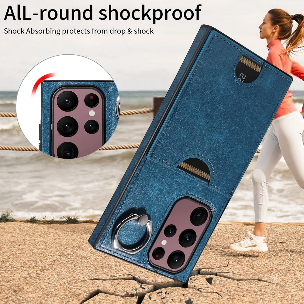 Samsung Galaxy S22 Ultra 5G Calf Texture Phone Case with Card Slot & Ring Holder - Durable & Stylish Protection