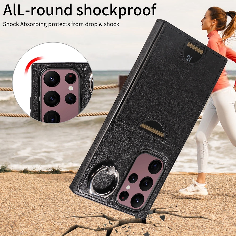 Samsung Galaxy S22 Ultra 5G Calf Texture Phone Case with Card Slot & Ring Holder - Durable & Stylish Protection