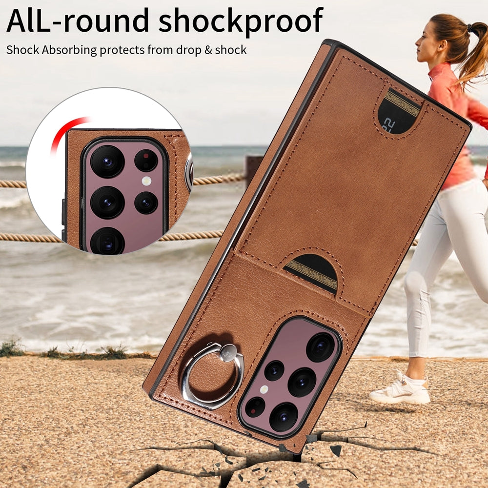 Samsung Galaxy S22 Ultra 5G Calf Texture Phone Case with Card Slot & Ring Holder - Durable & Stylish Protection