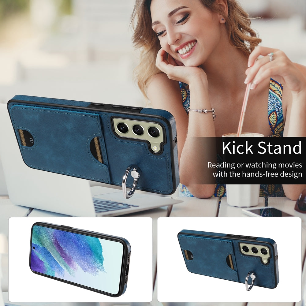 Samsung Galaxy S21 FE 5G Calf Texture Phone Case with Card Slot & Ring Holder - Durable & Stylish Protection