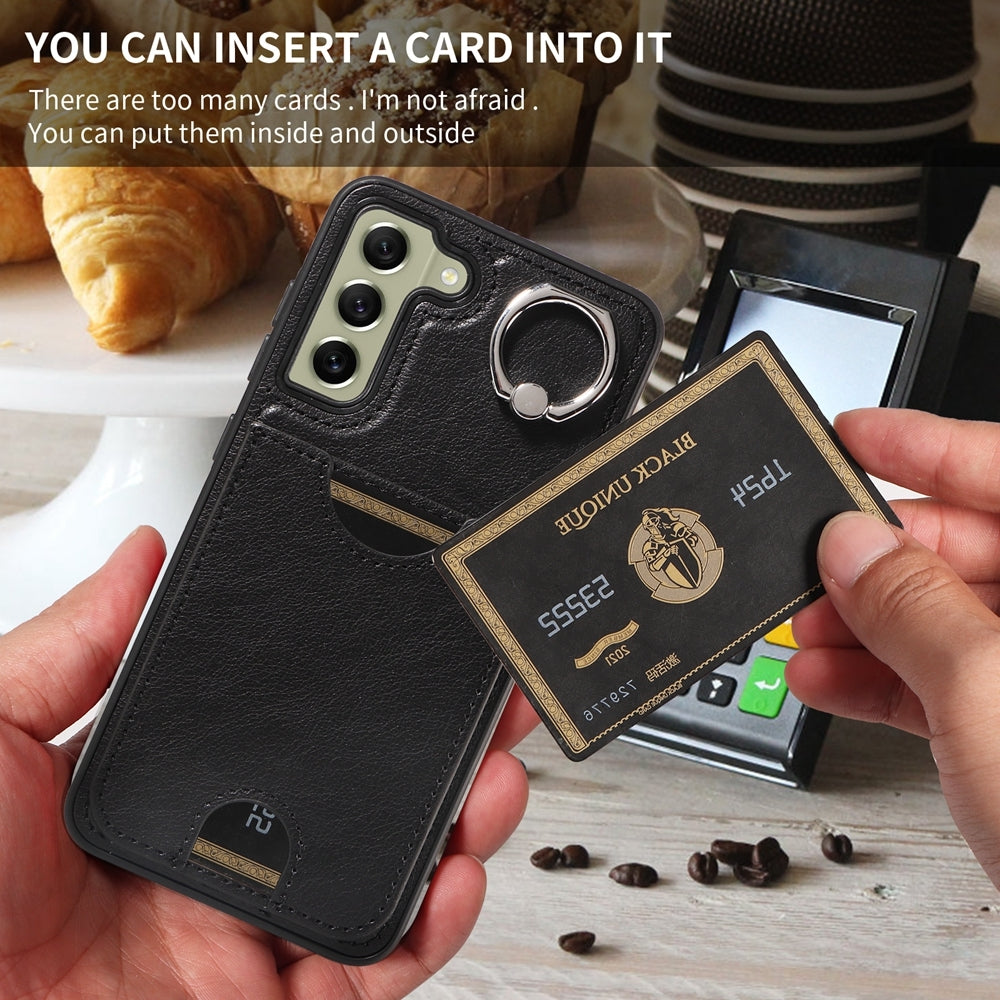 Samsung Galaxy S21 FE 5G Calf Texture Phone Case with Card Slot & Ring Holder - Durable & Stylish Protection