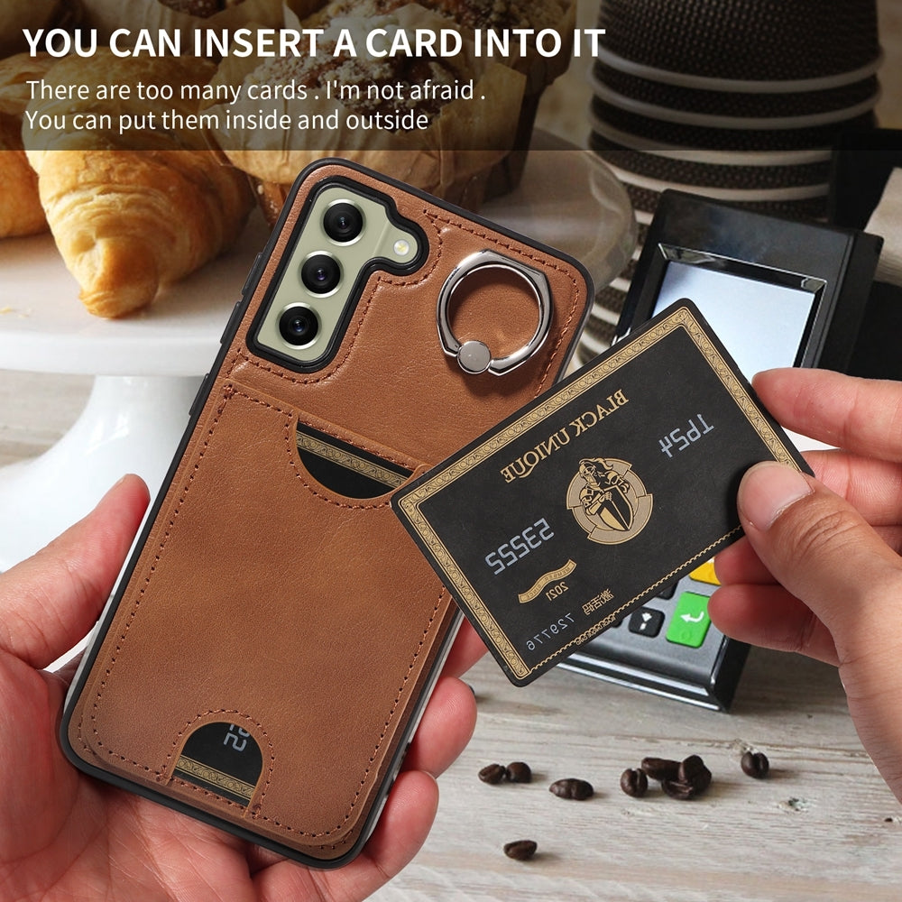 Samsung Galaxy S21 FE 5G Calf Texture Phone Case with Card Slot & Ring Holder - Durable & Stylish Protection