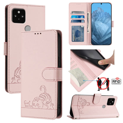 Google Pixel 5 Leather Phone Case with Cat and Rat Embossed Pattern, RFID Protection, Card Holder Slots, Anti-fall Feature & Lanyard