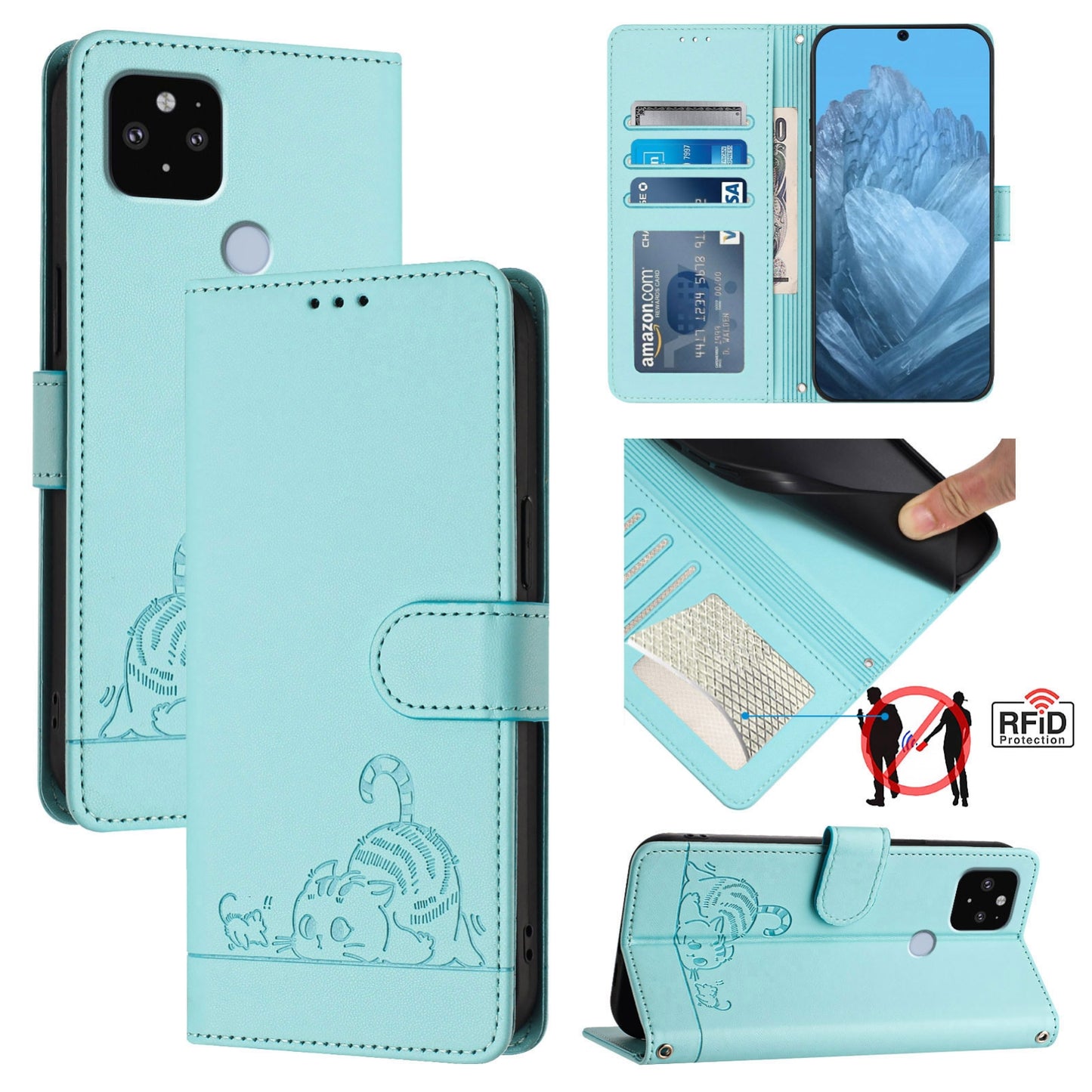 Google Pixel 4A 5G Leather Phone Case with Cat and Rat Embossed Pattern, RFID Protection, Card Holder Slots, Anti-fall Feature & Lanyard