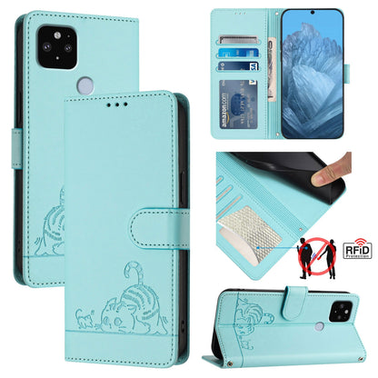 Google Pixel 4A 5G Leather Phone Case with Cat and Rat Embossed Pattern, RFID Protection, Card Holder Slots, Anti-fall Feature & Lanyard