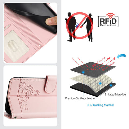 Google Pixel 4A 5G Leather Phone Case with Cat and Rat Embossed Pattern, RFID Protection, Card Holder Slots, Anti-fall Feature & Lanyard