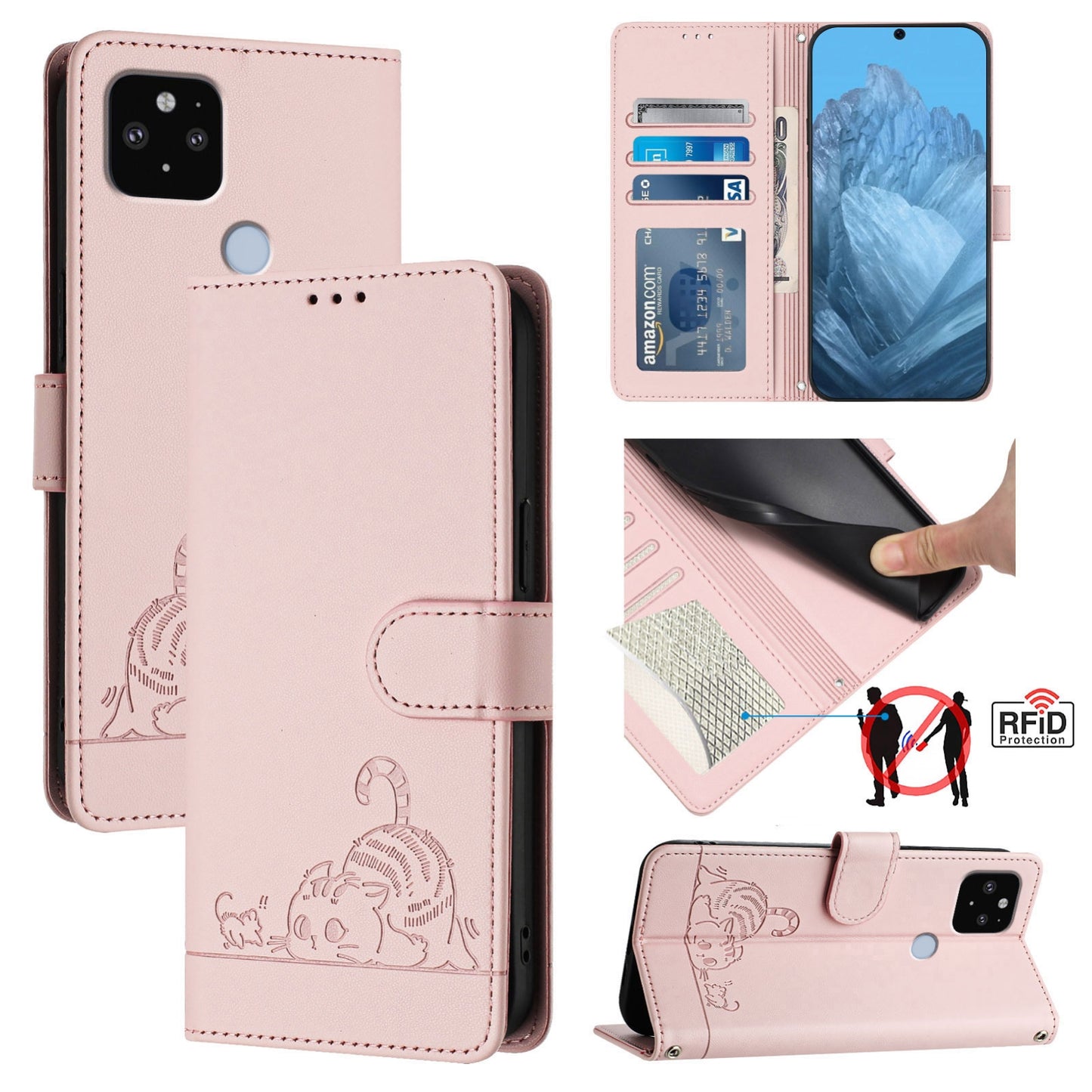 Google Pixel 4A 5G Leather Phone Case with Cat and Rat Embossed Pattern, RFID Protection, Card Holder Slots, Anti-fall Feature & Lanyard