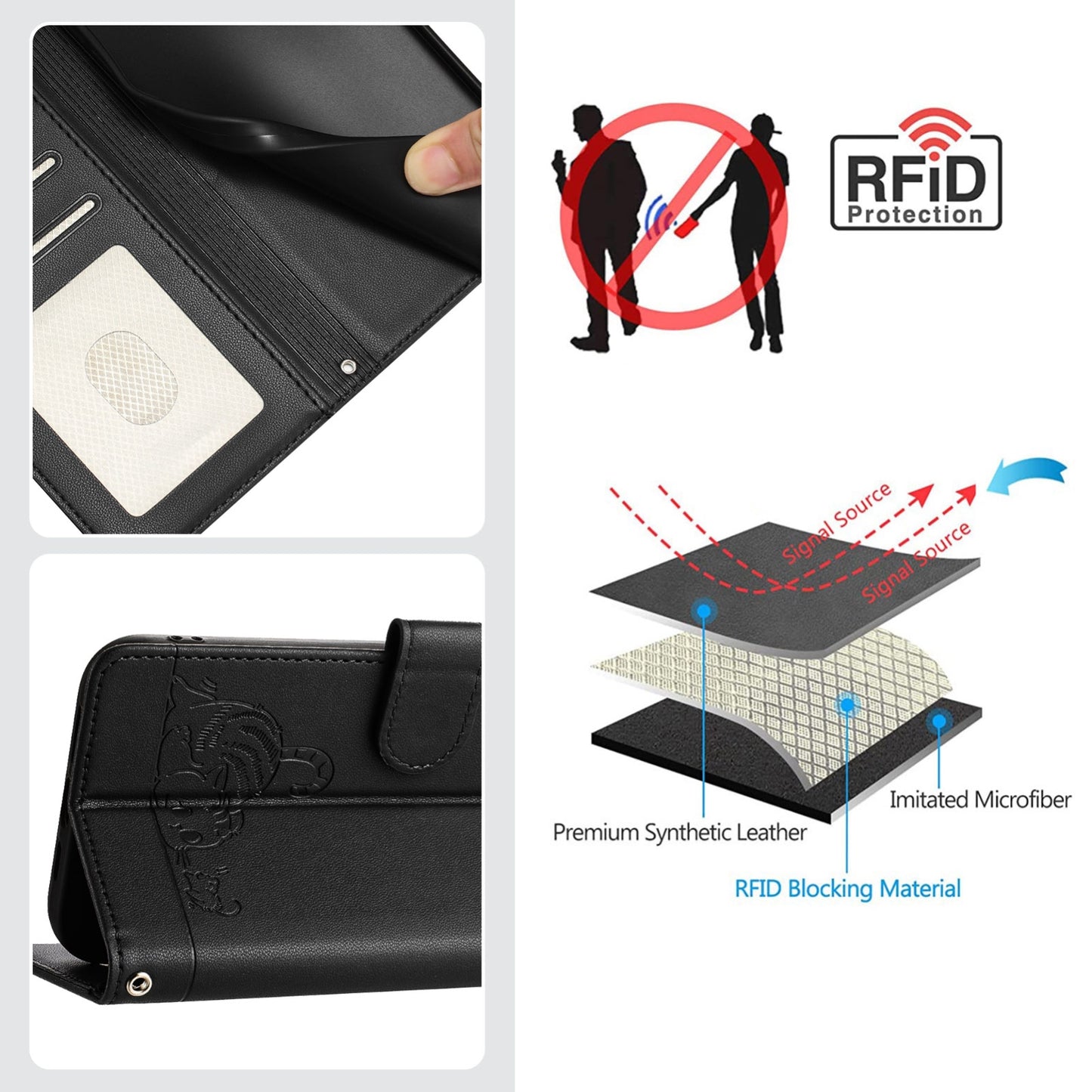 Google Pixel 4A 5G Leather Phone Case with Cat and Rat Embossed Pattern, RFID Protection, Card Holder Slots, Anti-fall Feature & Lanyard