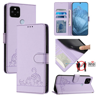 Google Pixel 4A 5G Leather Phone Case with Cat and Rat Embossed Pattern, RFID Protection, Card Holder Slots, Anti-fall Feature & Lanyard