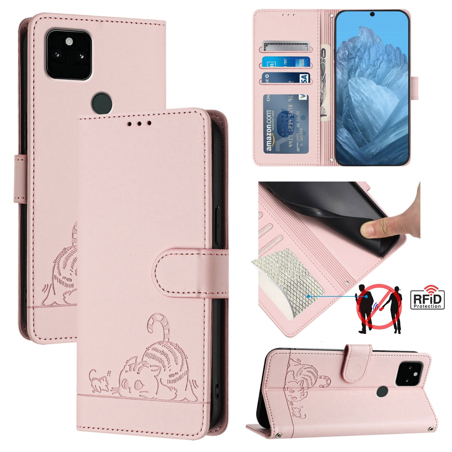 Google Pixel 5A 5G Leather Phone Case with Cat and Rat Embossed Pattern, RFID Protection, Card Holder Slots, Anti-fall Feature & Lanyard