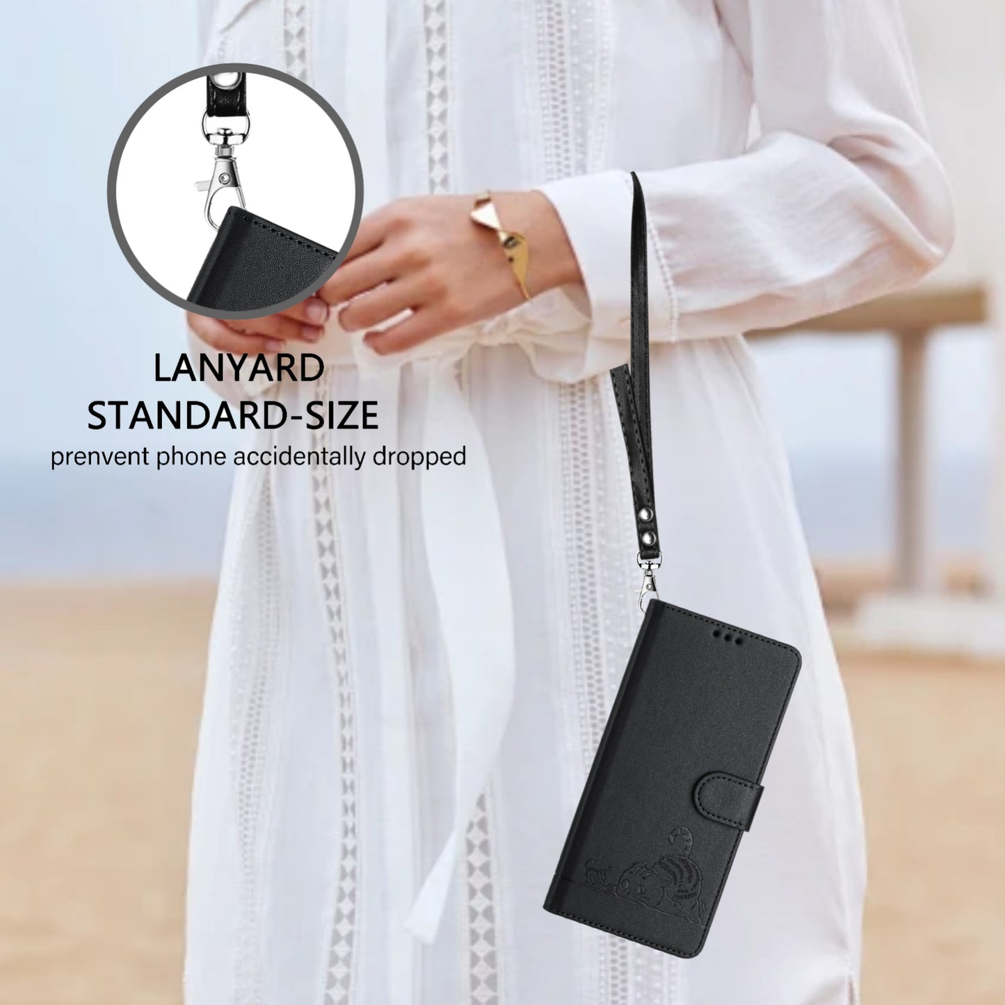 Google Pixel 5A 5G Leather Phone Case with Cat and Rat Embossed Pattern, RFID Protection, Card Holder Slots, Anti-fall Feature & Lanyard