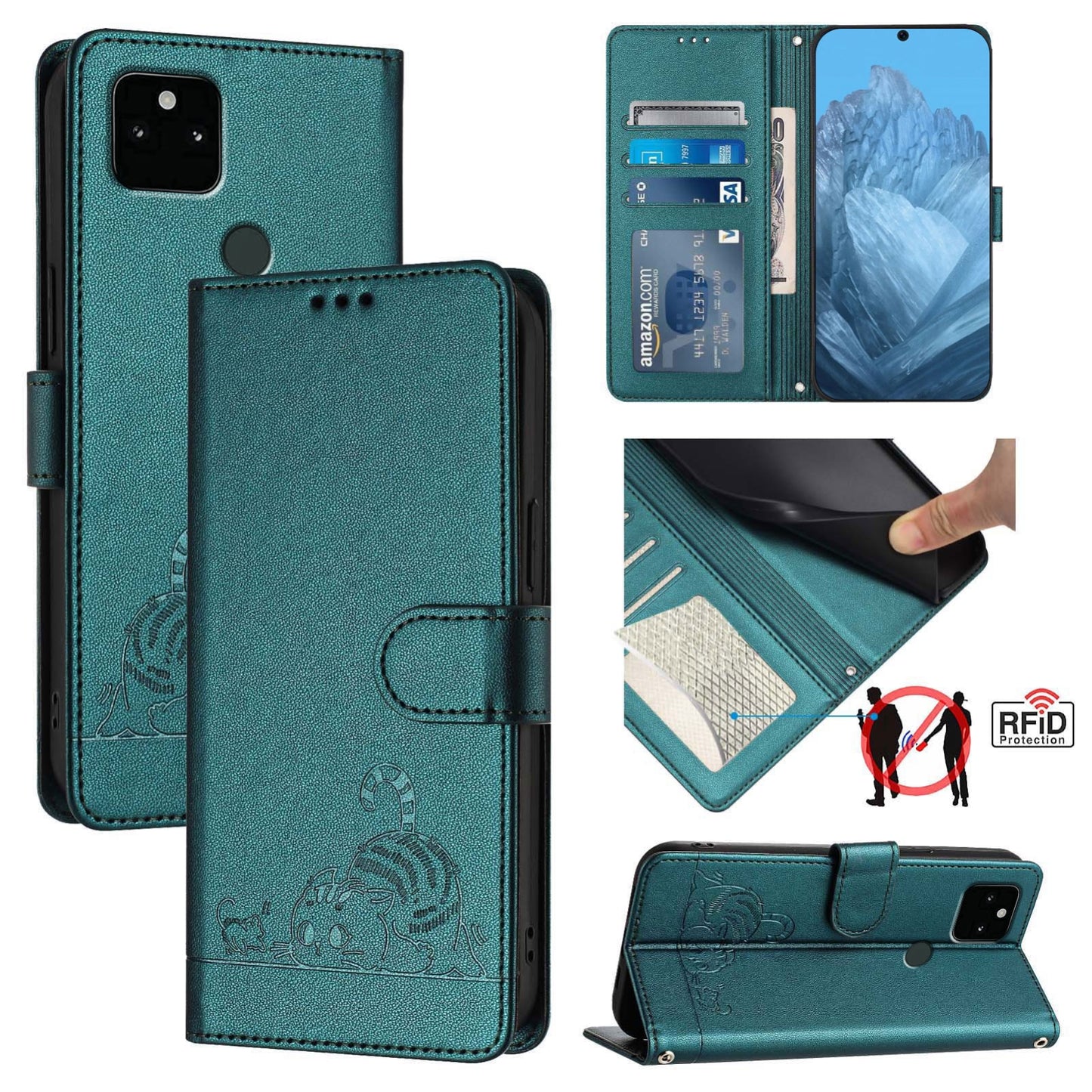 Google Pixel 5A 5G Leather Phone Case with Cat and Rat Embossed Pattern, RFID Protection, Card Holder Slots, Anti-fall Feature & Lanyard