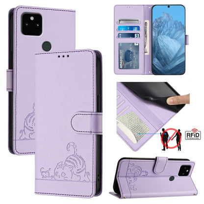 Google Pixel 5A 5G Leather Phone Case with Cat and Rat Embossed Pattern, RFID Protection, Card Holder Slots, Anti-fall Feature & Lanyard