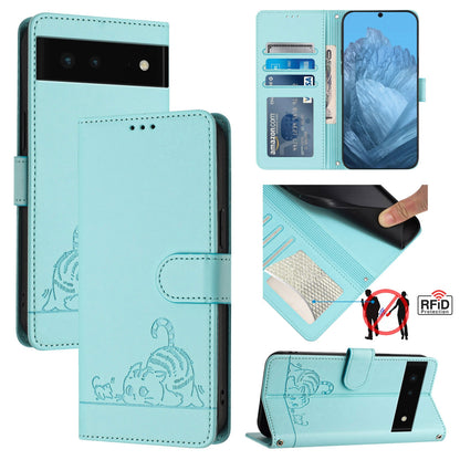 Google Pixel 6 Leather Phone Case with Cat and Rat Embossed Pattern, RFID Protection, Card Holder Slots, Anti-fall Feature & Lanyard