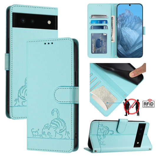 Google Pixel 6 Leather Phone Case with Cat and Rat Embossed Pattern, RFID Protection, Card Holder Slots, Anti-fall Feature & Lanyard