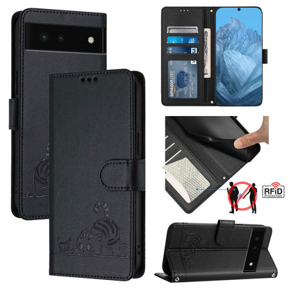 Google Pixel 6 Leather Phone Case with Cat and Rat Embossed Pattern, RFID Protection, Card Holder Slots, Anti-fall Feature & Lanyard