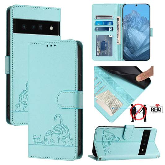 Google Pixel 6 Pro Leather Phone Case with Cat and Rat Embossed Pattern, RFID Protection, Card Holder Slots, Anti-fall Feature & Lanyard
