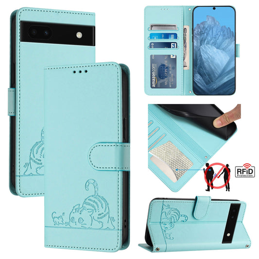 Google Pixel 6A Leather Phone Case with Cat and Rat Embossed Pattern, RFID Protection, Card Holder Slots, Anti-fall Feature & Lanyard