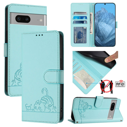 Google Pixel 7 5G Leather Phone Case with Cat and Rat Embossed Pattern, RFID Protection, Card Holder Slots, Anti-fall Feature & Lanyard