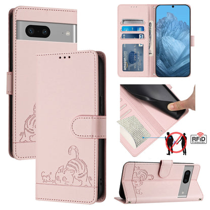 Google Pixel 7 5G Leather Phone Case with Cat and Rat Embossed Pattern, RFID Protection, Card Holder Slots, Anti-fall Feature & Lanyard