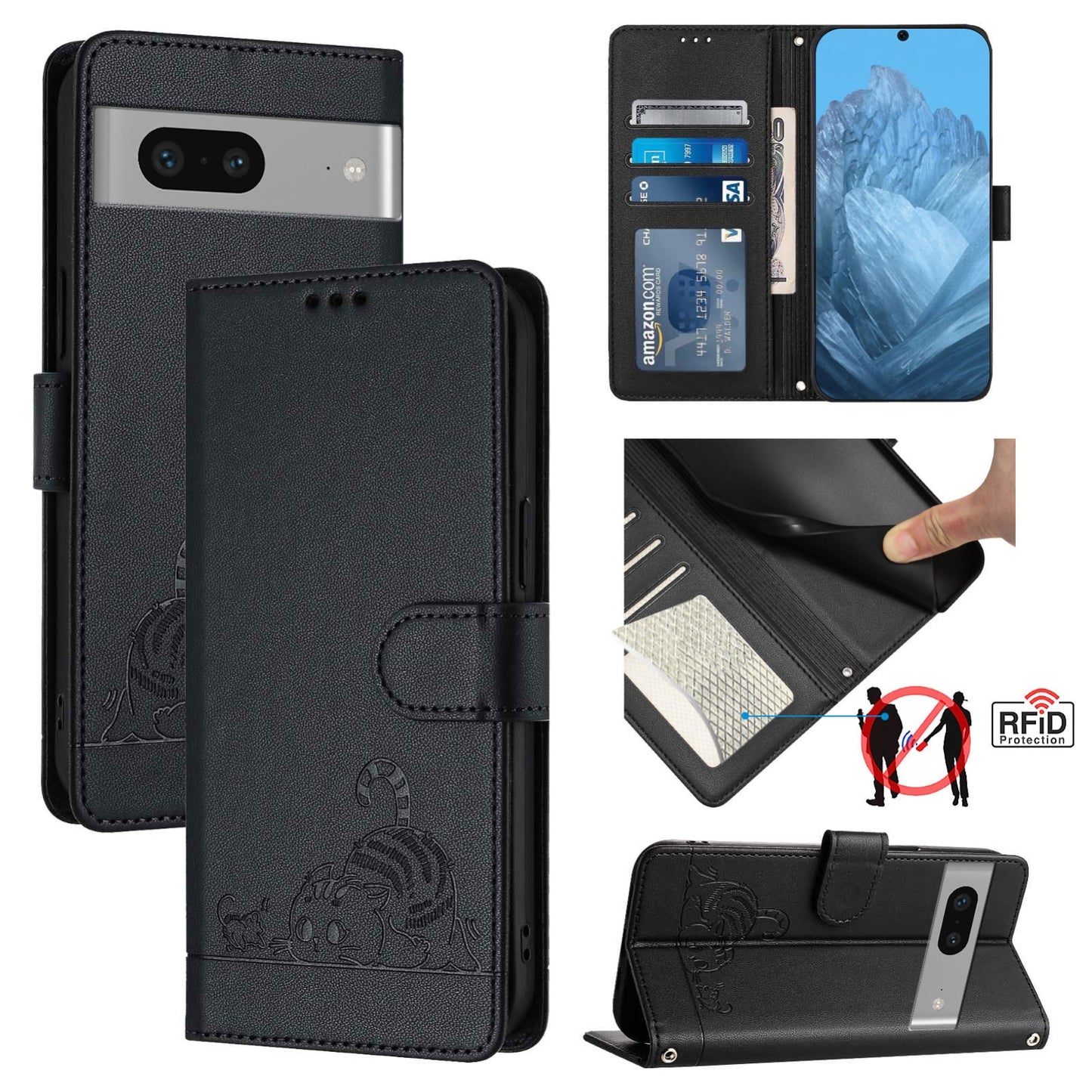 Google Pixel 7 5G Leather Phone Case with Cat and Rat Embossed Pattern, RFID Protection, Card Holder Slots, Anti-fall Feature & Lanyard