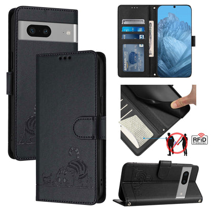 Google Pixel 7 5G Leather Phone Case with Cat and Rat Embossed Pattern, RFID Protection, Card Holder Slots, Anti-fall Feature & Lanyard