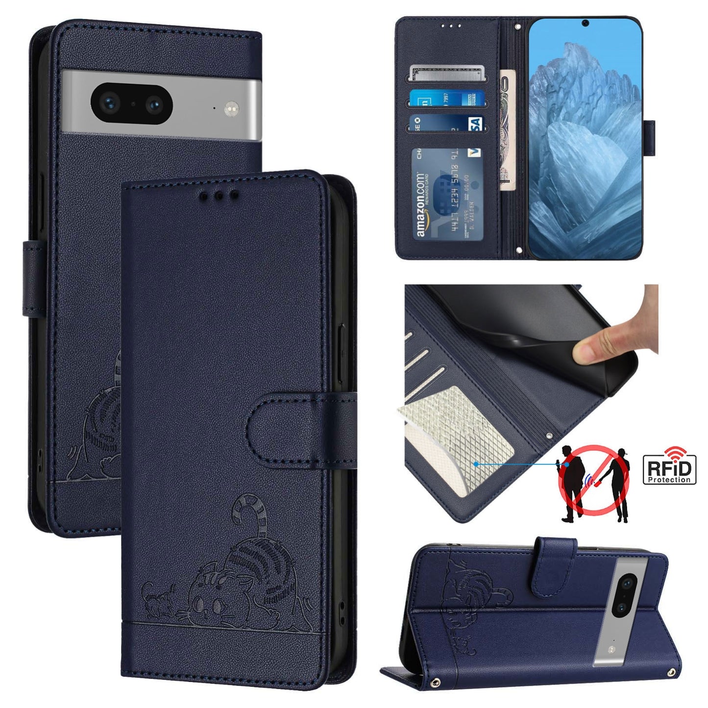 Google Pixel 7 5G Leather Phone Case with Cat and Rat Embossed Pattern, RFID Protection, Card Holder Slots, Anti-fall Feature & Lanyard