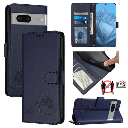 Google Pixel 7 5G Leather Phone Case with Cat and Rat Embossed Pattern, RFID Protection, Card Holder Slots, Anti-fall Feature & Lanyard