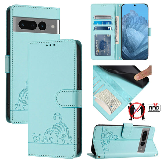 Google Pixel 7 Pro 5G Leather Phone Case with Cat and Rat Embossed Pattern, RFID Protection, Card Holder Slots, Anti-fall Feature & Lanyard