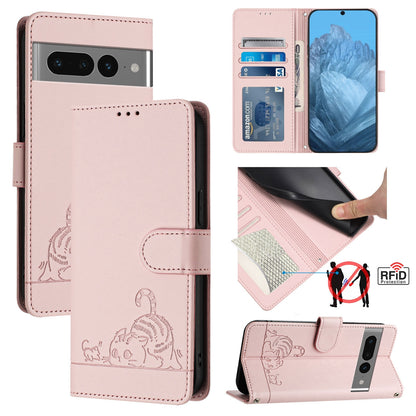 Google Pixel 7 Pro 5G Leather Phone Case with Cat and Rat Embossed Pattern, RFID Protection, Card Holder Slots, Anti-fall Feature & Lanyard