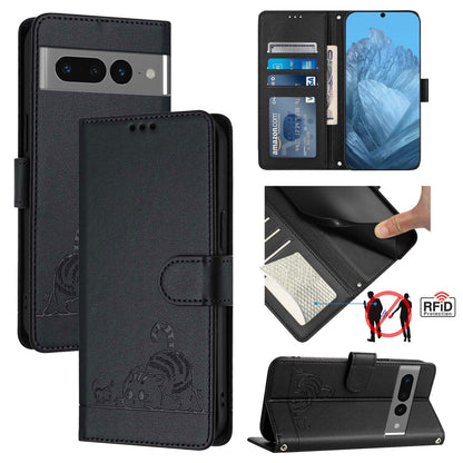 Google Pixel 7 Pro 5G Leather Phone Case with Cat and Rat Embossed Pattern, RFID Protection, Card Holder Slots, Anti-fall Feature & Lanyard