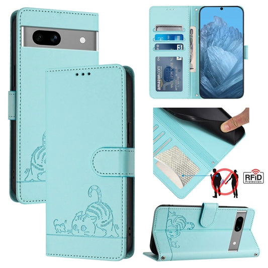 Google Pixel 7A Leather Phone Case with Cat and Rat Embossed Pattern, RFID Protection, Card Holder Slots, Anti-fall Feature & Lanyard