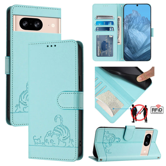 Google Pixel 8 Leather Phone Case with Cat and Rat Embossed Pattern, RFID Protection, Card Holder Slots, Anti-fall Feature & Lanyard