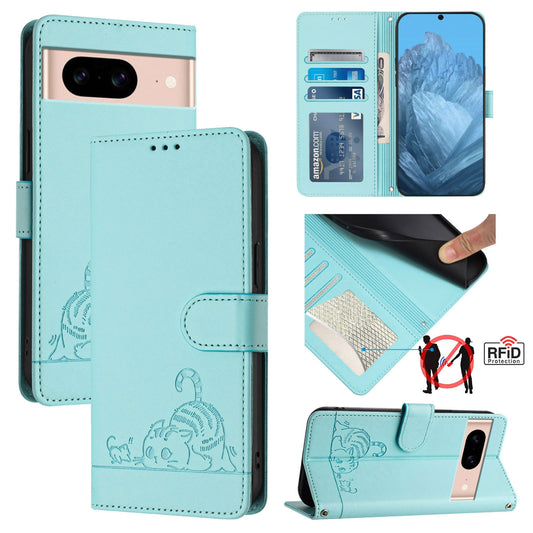 Google Pixel 8A Leather Phone Case with Cat and Rat Embossed Pattern, RFID Protection, Card Holder Slots, Anti-fall Feature & Lanyard