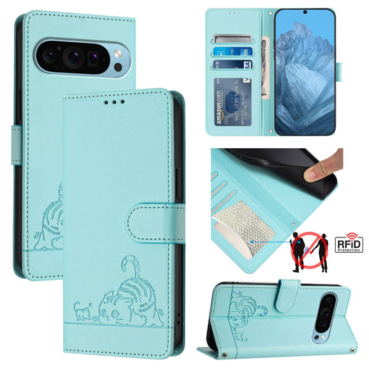 Google Pixel 9 Leather Phone Case with Cat and Rat Embossed Pattern, RFID Protection, Card Holder Slots, Anti-fall Feature & Lanyard