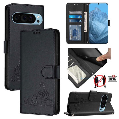 Google Pixel 9 Pro Leather Phone Case with Cat and Rat Embossed Pattern, RFID Protection, Card Holder Slots, Anti-fall Feature & Lanyard