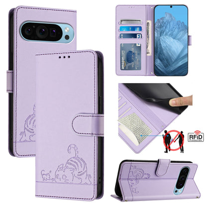 Google Pixel 9 Pro Leather Phone Case with Cat and Rat Embossed Pattern, RFID Protection, Card Holder Slots, Anti-fall Feature & Lanyard
