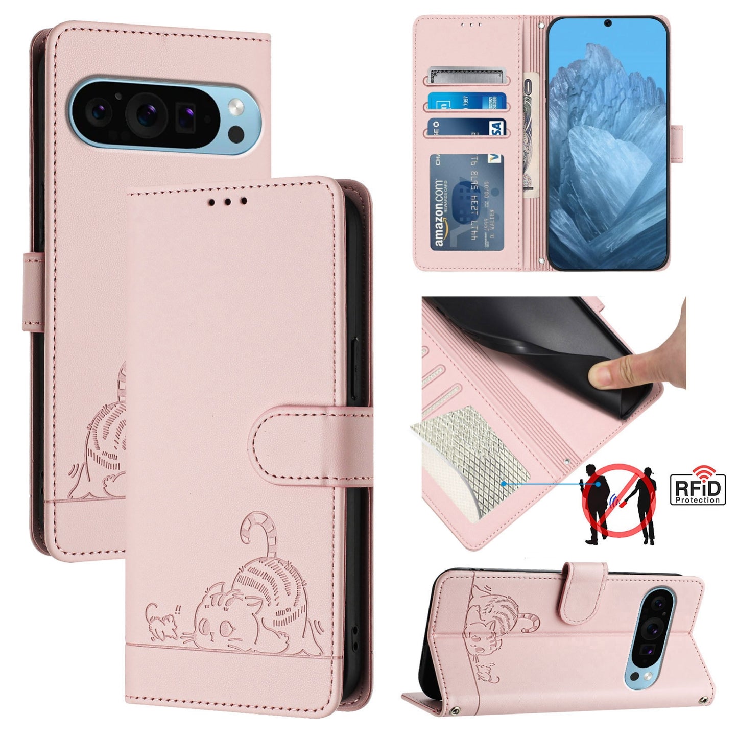 Google Pixel 9 Pro XL Leather Phone Case with Cat and Rat Embossed Pattern, RFID Protection, Card Holder Slots, Anti-fall Feature & Lanyard