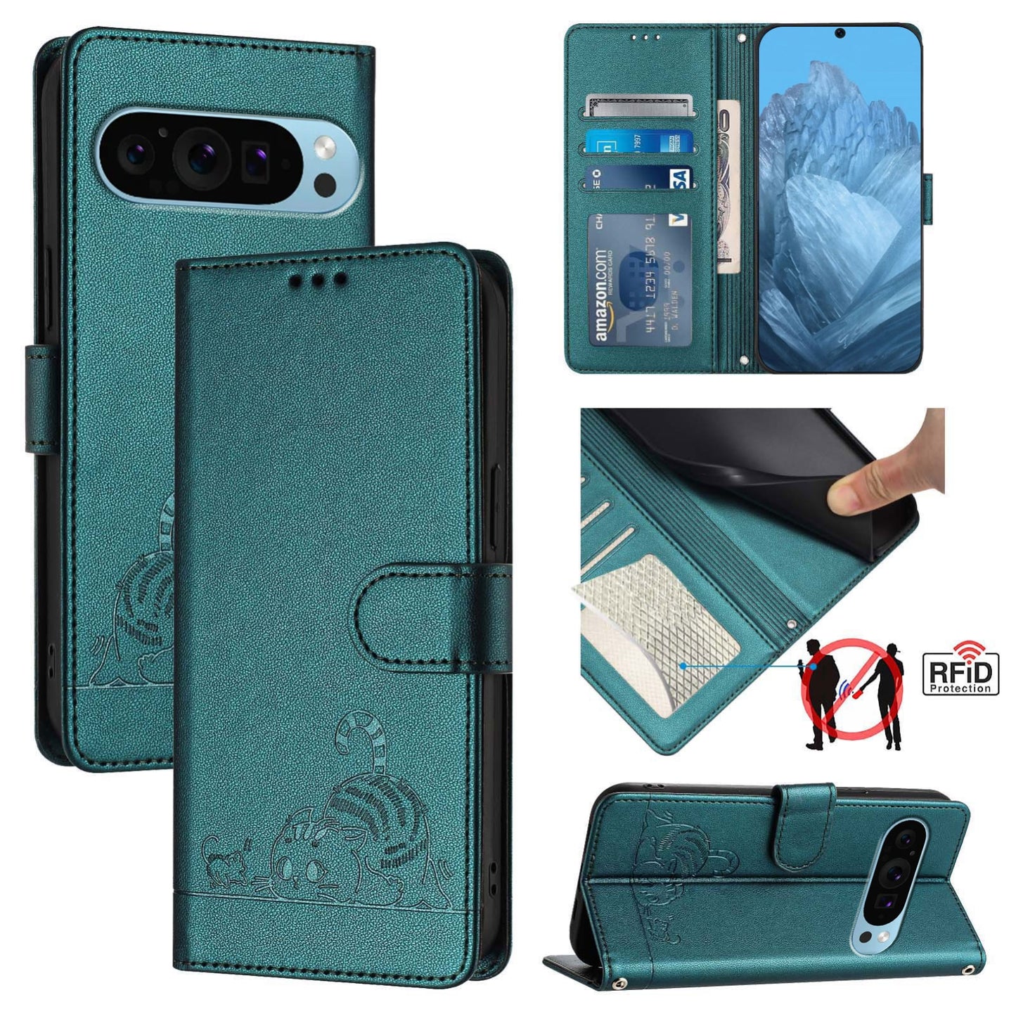 Google Pixel 9 Pro XL Leather Phone Case with Cat and Rat Embossed Pattern, RFID Protection, Card Holder Slots, Anti-fall Feature & Lanyard